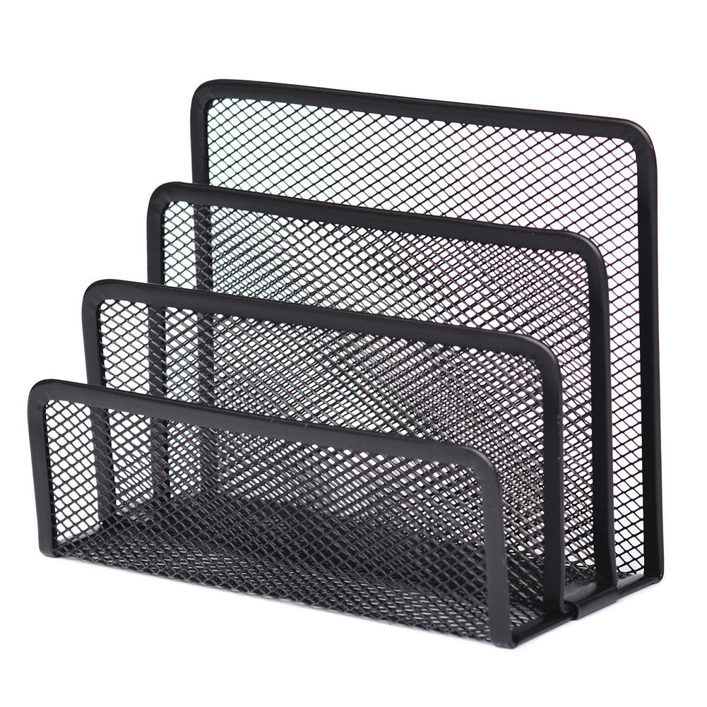 Metal mesh desk organizer holding books folders notebooks and office supplies on home office desk