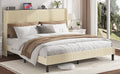 Built-in dual USB charging ports and open storage shelf on queen metal bed frame headboard