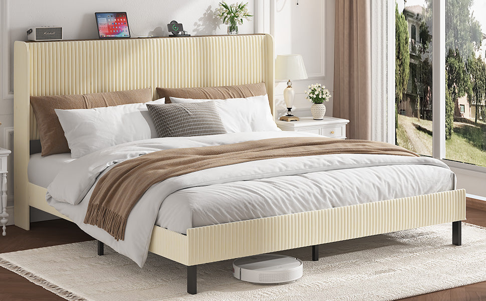 Built-in dual USB charging ports and open storage shelf on queen metal bed frame headboard