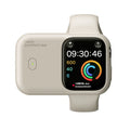 Apple Watch resting in portable wireless charging case showing magnetic charging cradle